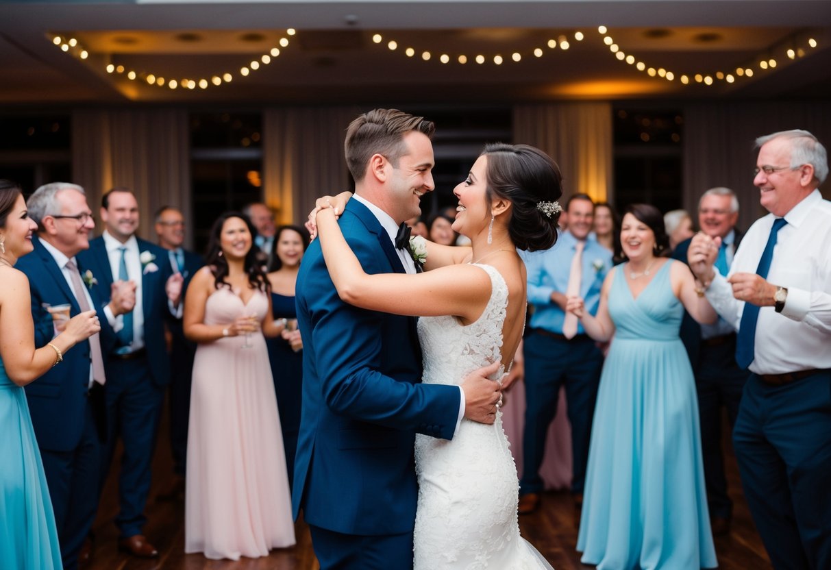 The bride and best man dance at the reception, surrounded by joyful guests