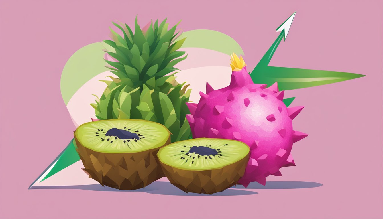 A vibrant pitaya fruit sitting next to a kiwi, with an arrow pointing from the pitaya to the kiwi, symbolizing substitution