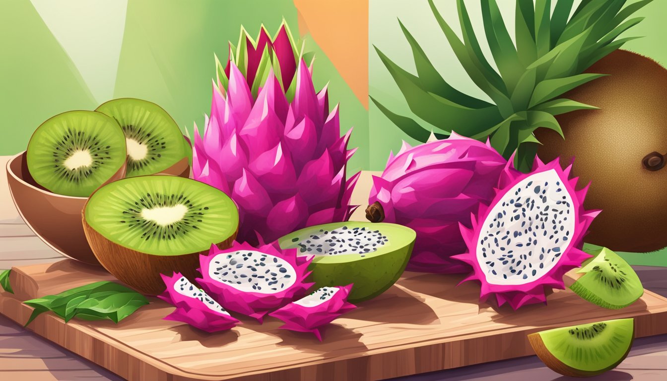 A vibrant pitaya fruit being sliced and placed next to a kiwi on a cutting board, with a bowl of assorted fruits in the background