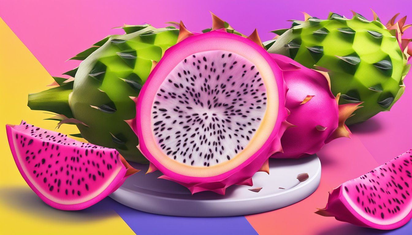 A vibrant pitaya fruit being sliced and used in place of kiwi in a colorful fruit salad