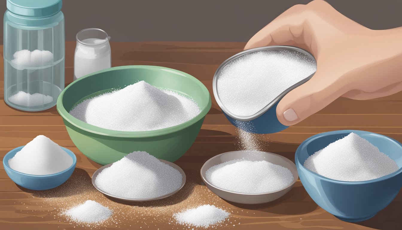 A person pouring powdered sugar from a measuring cup into a bowl of ingredients, with granulated sugar and a measuring cup nearby