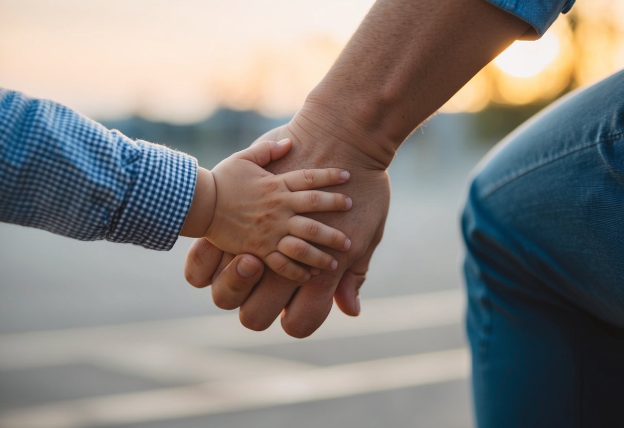 A child's hand reaches out to hold an adult's, symbolizing support and love