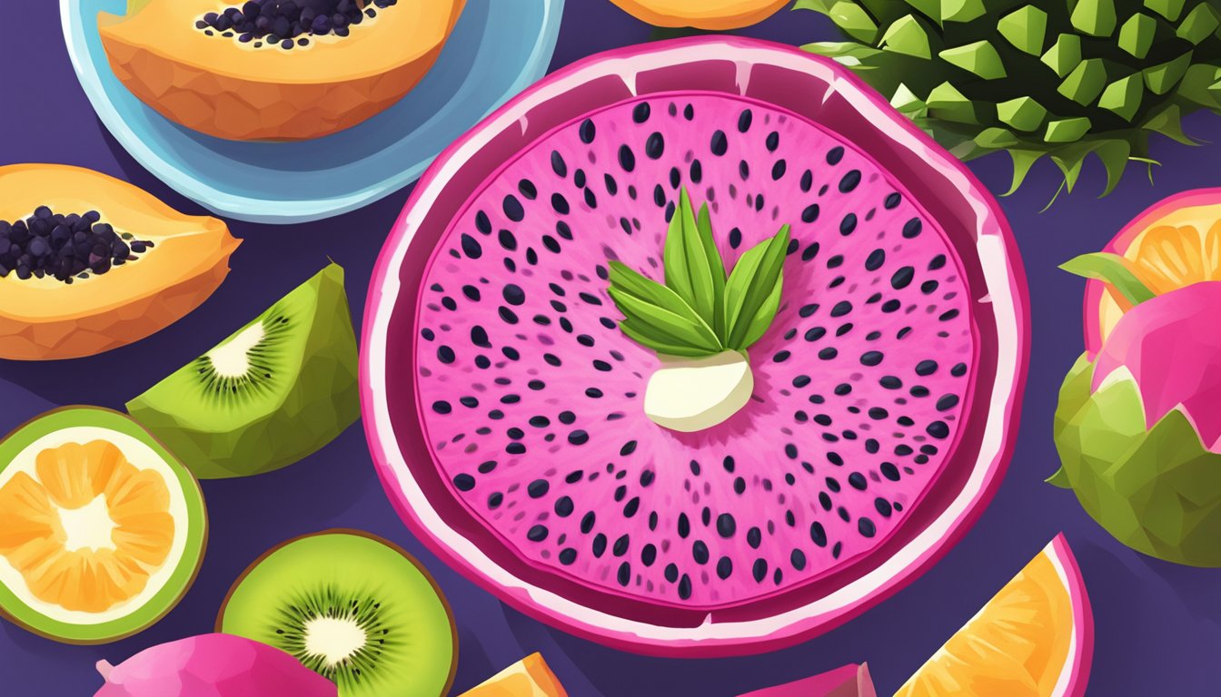 A vibrant pitaya fruit being sliced and added to a fruit salad in place of kiwi