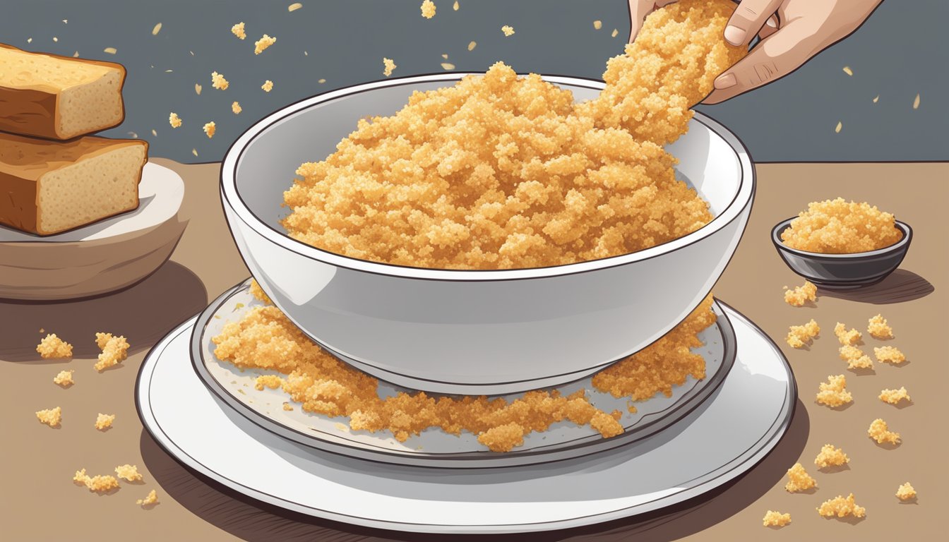 A bowl of potato flakes being sprinkled onto a plate of breaded chicken, alongside a bag of bread crumbs