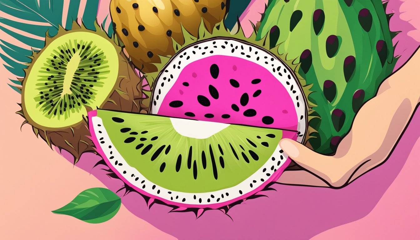 A hand holding a pitaya and a kiwi, with various other fruits in the background