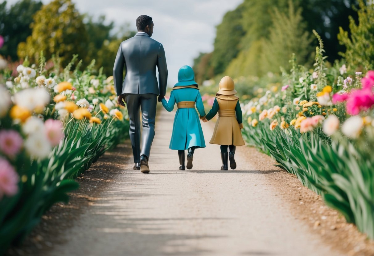A figure leads another through a path lined with flowers and greenery towards a central focal point