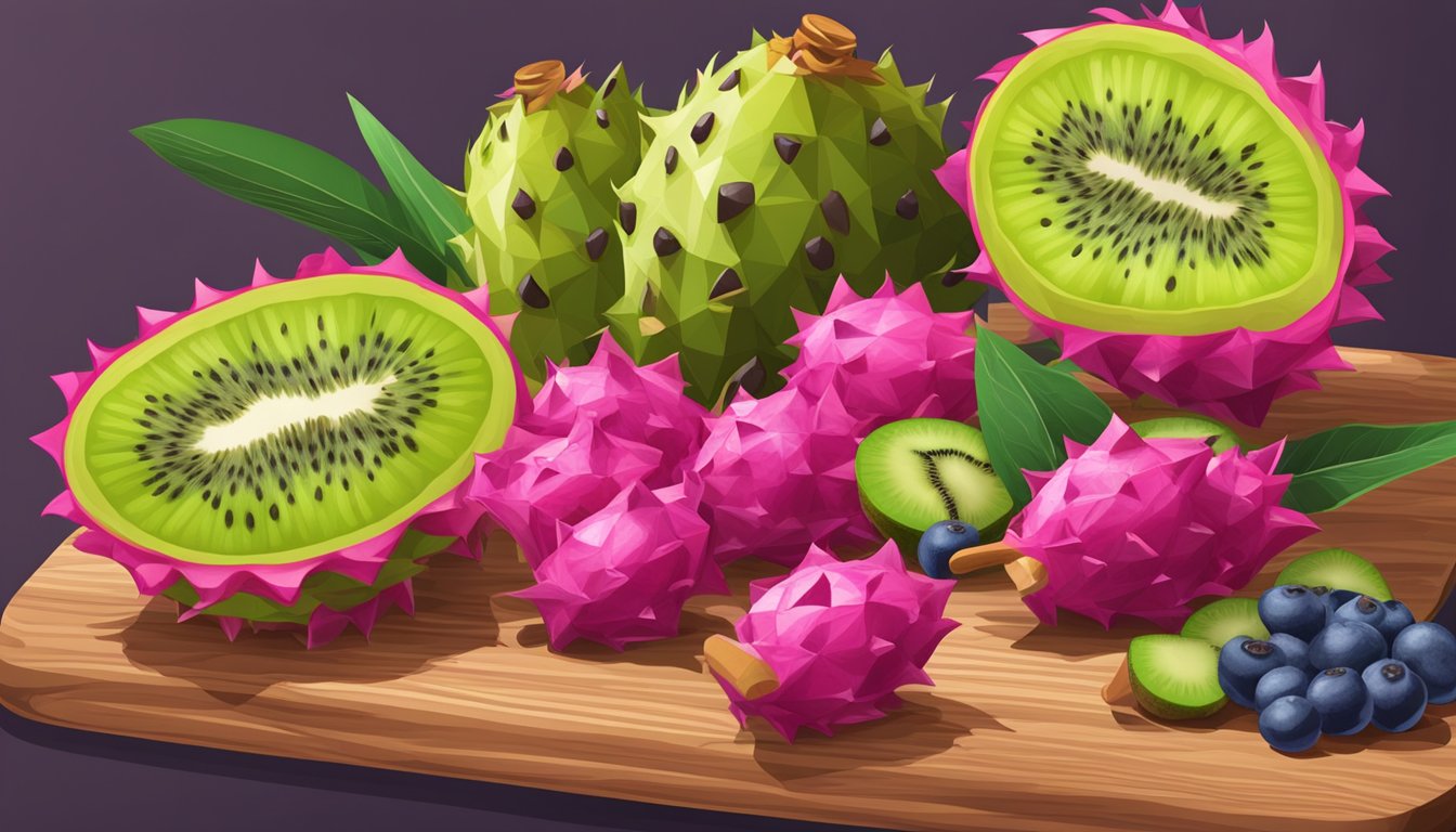 A colorful array of exotic fruits, including pitaya and kiwi, arranged on a wooden cutting board