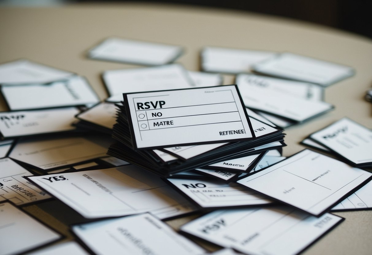 A pile of RSVP cards with varying response options, including "yes," "no," and "maybe," scattered on a table