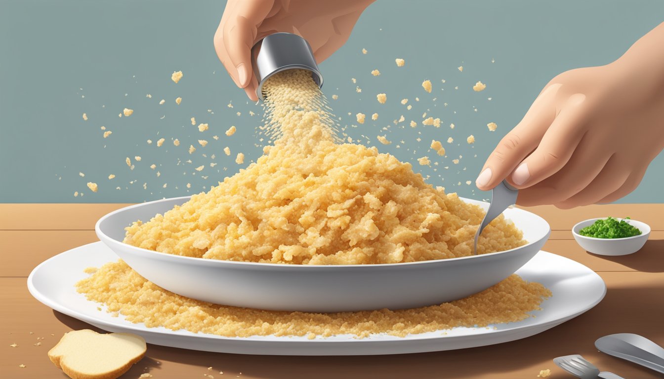 Potato flakes being sprinkled onto a dish of chicken, replacing bread crumbs