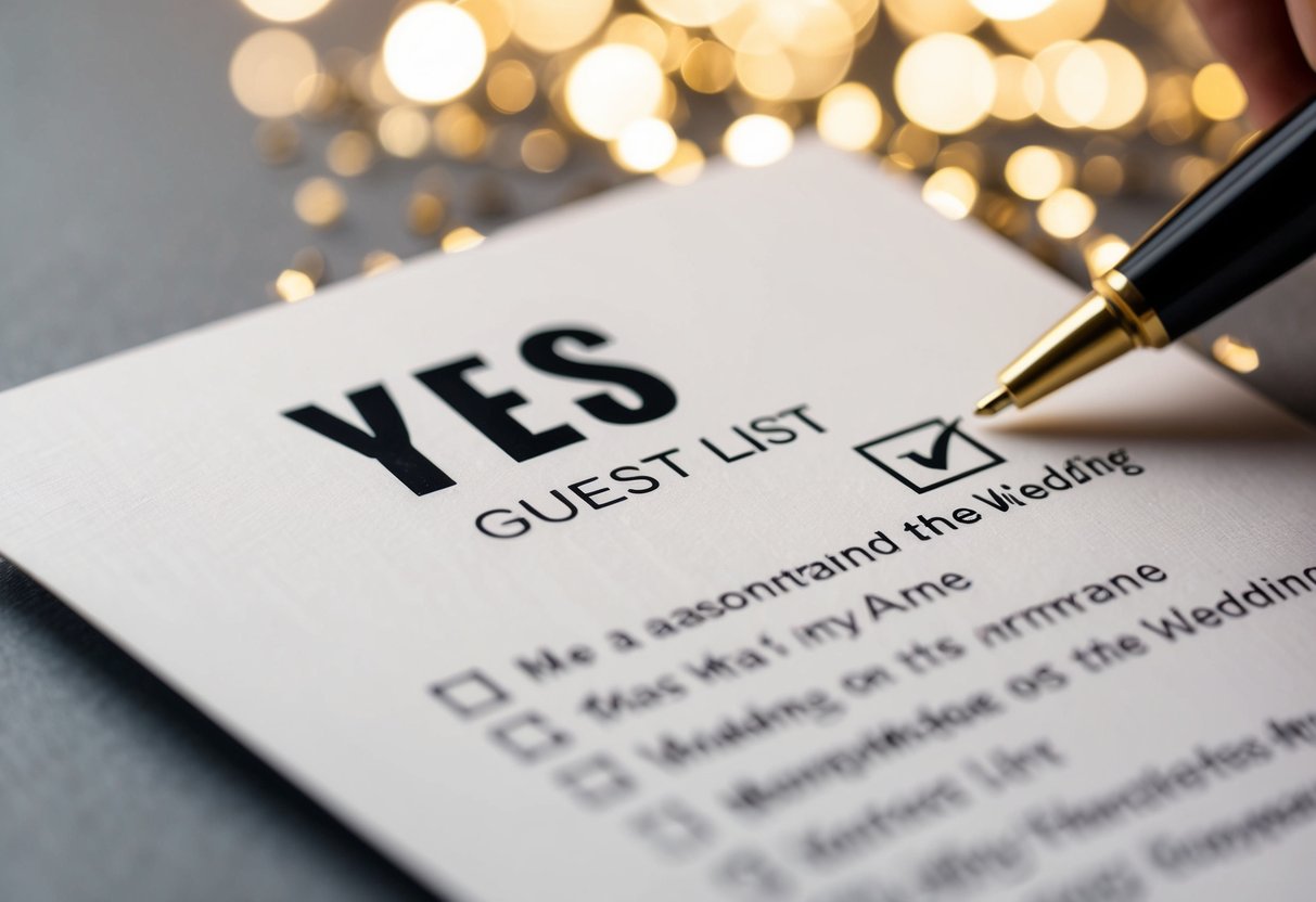 A wedding invitation with a checkmark next to "Yes" on a guest list