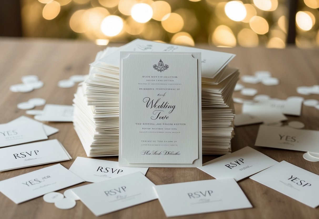 A pile of elegant wedding invitations with RSVP cards scattered around, some filled out with "Yes" responses