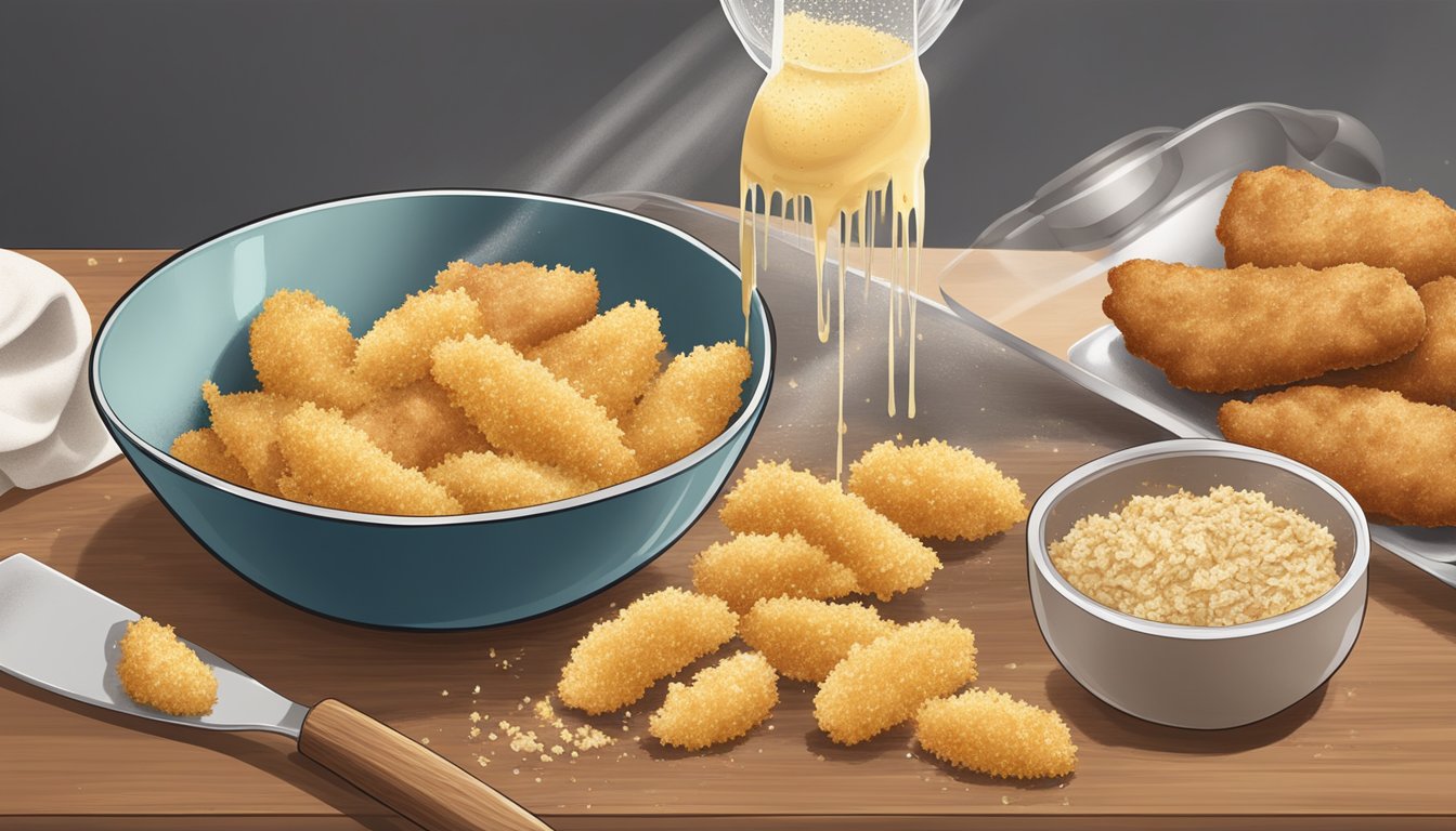 A bowl of potato flakes being sprinkled onto a baking sheet of chicken tenders, alongside a bowl of bread crumbs