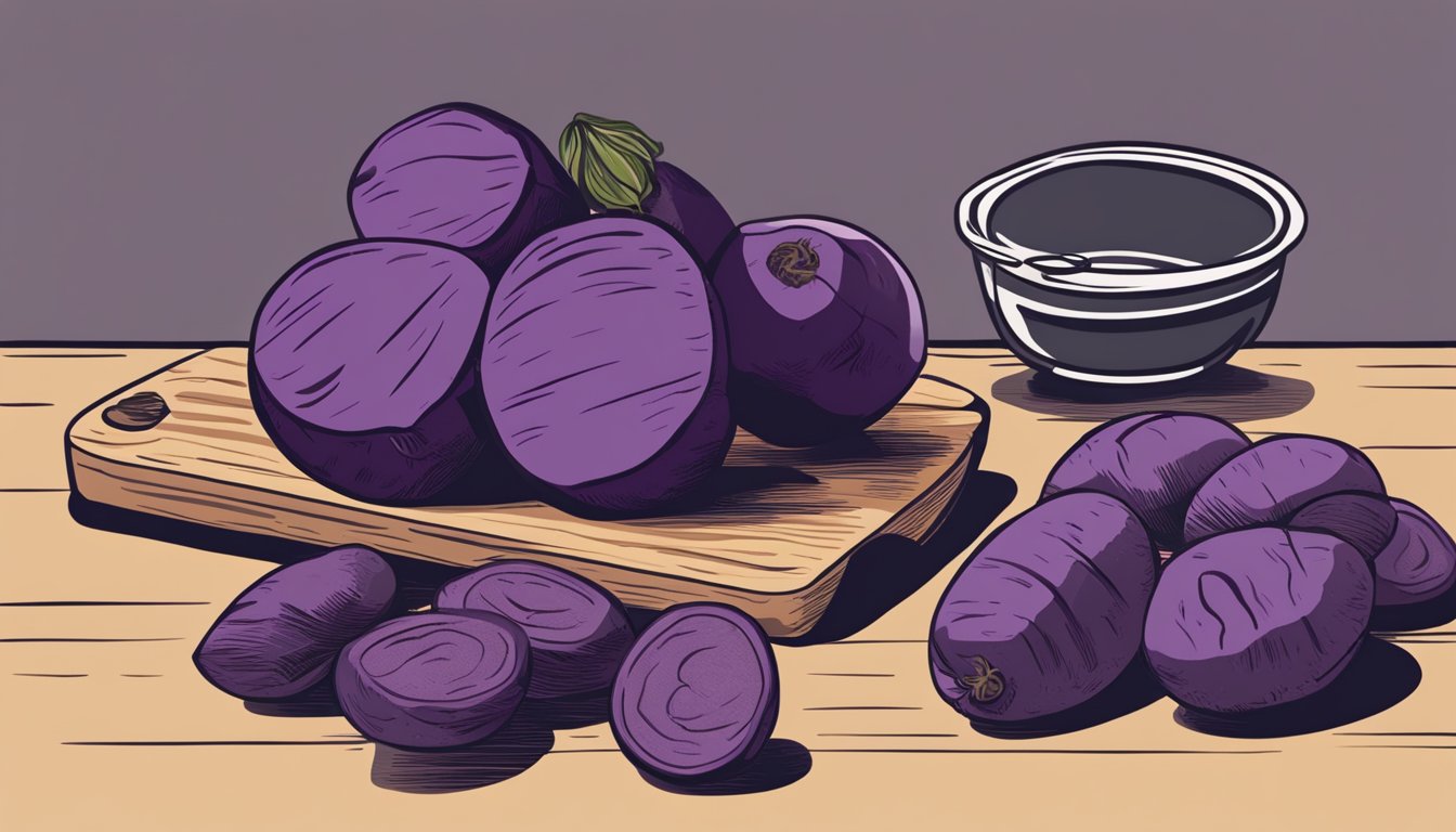 A kitchen counter with a pile of purple potatoes next to a few russet potatoes, a knife, and a cutting board