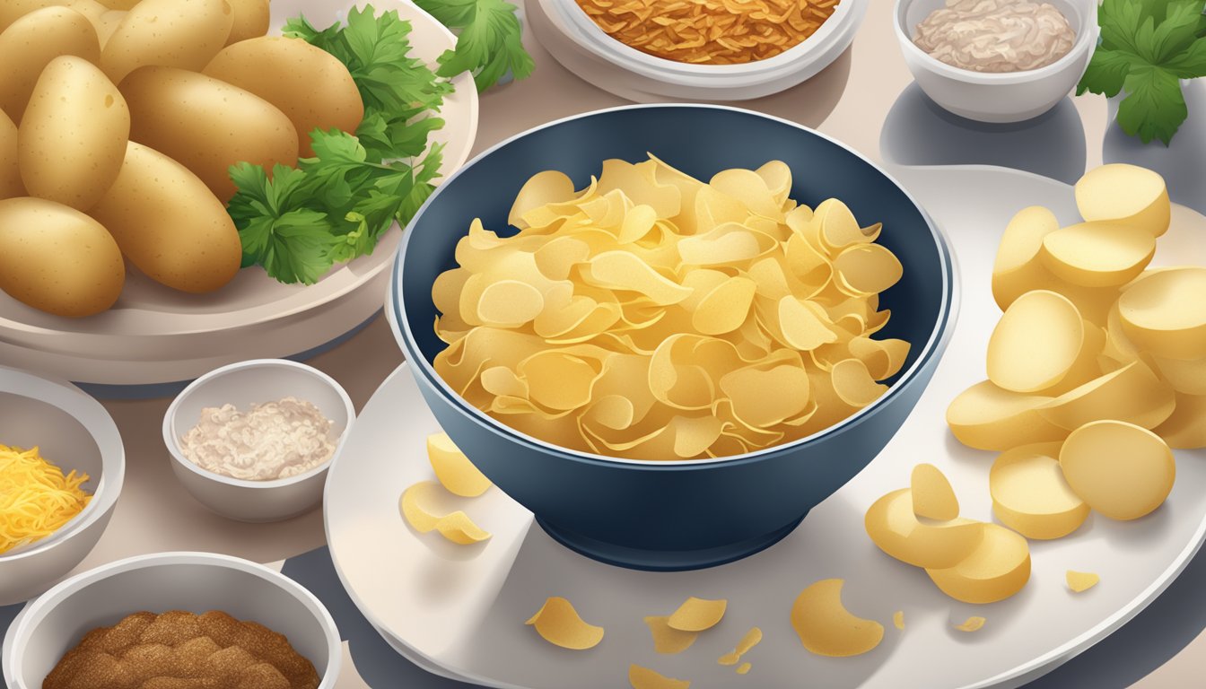 A bowl of potato flakes pouring onto a plate, with a trail leading to a dish of seasoned meat