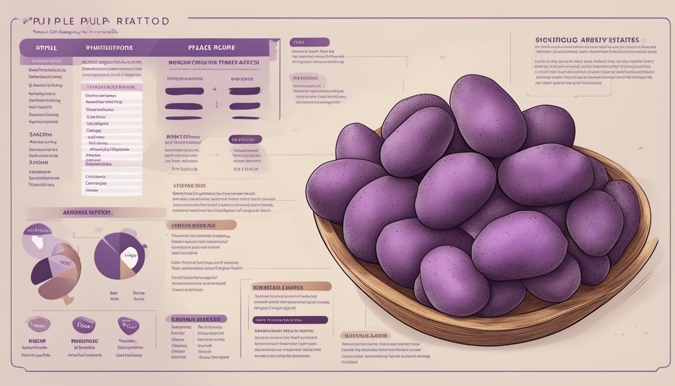 A colorful array of purple and russet potatoes, with nutritional information and benefits displayed alongside