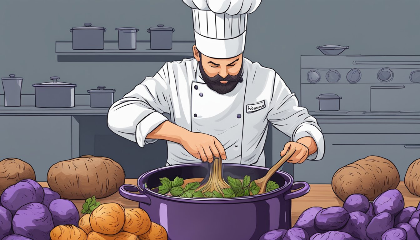 A chef swaps purple potatoes for russet in a boiling pot