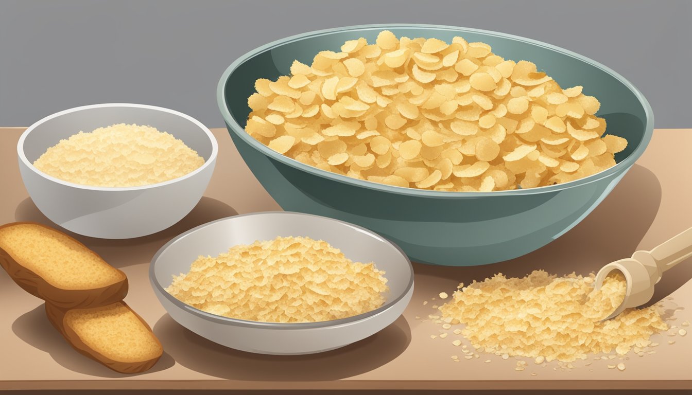 A bowl of potato flakes next to a bowl of bread crumbs, with a measuring cup pouring potato flakes onto a baking sheet