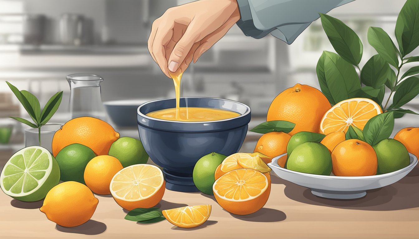 A bowl of ponzu sauce next to a variety of citrus fruits, with a measuring cup pouring the sauce into a recipe