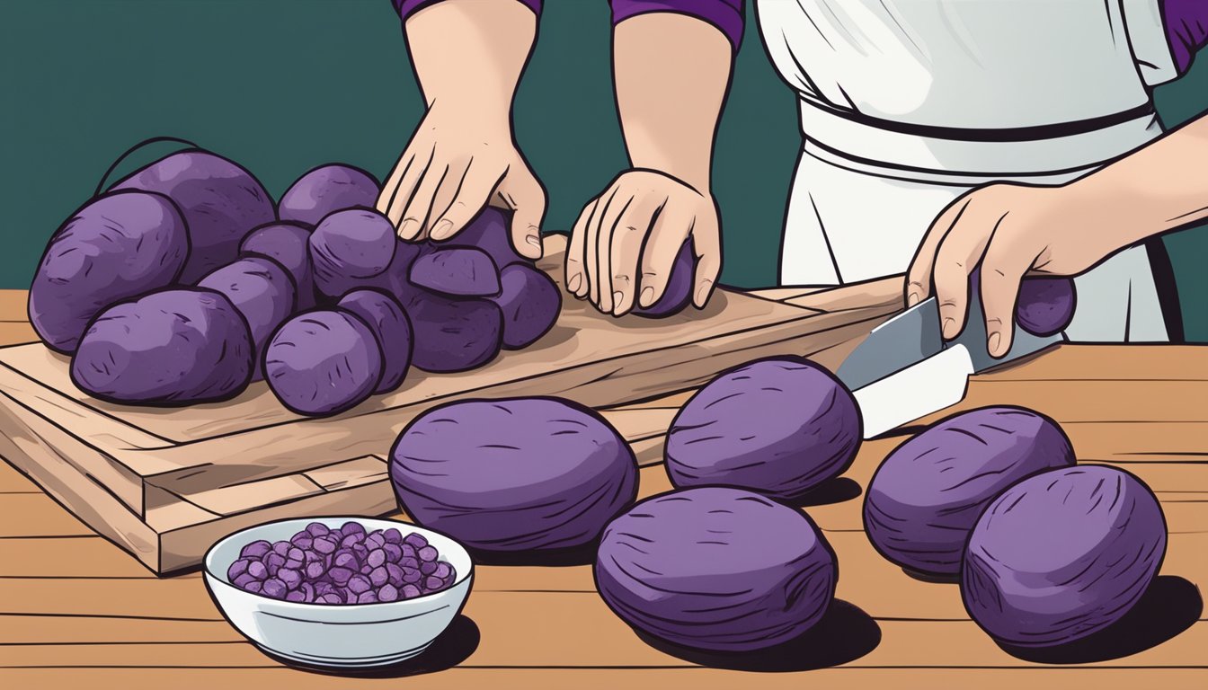 Purple potatoes being sliced and substituted for russet potatoes in a recipe