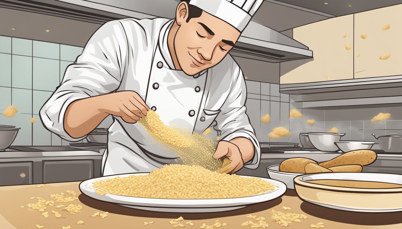 A chef sprinkles potato flakes over a dish, replacing bread crumbs. Allergen-free and dietary considerations are taken into account