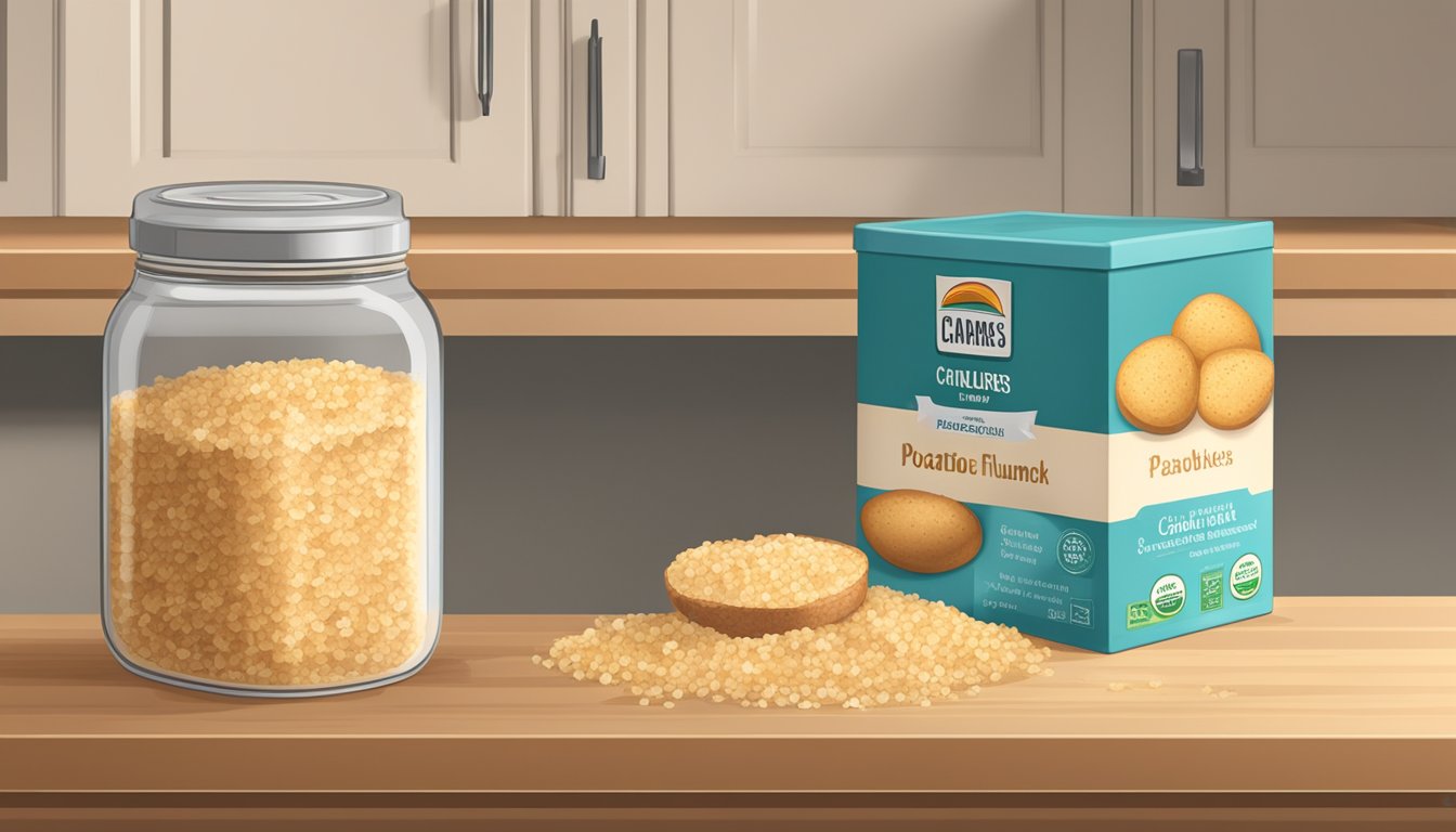 A pantry shelf with a container of potato flakes next to a box of bread crumbs, with a label showing instructions for substituting the flakes for the crumbs