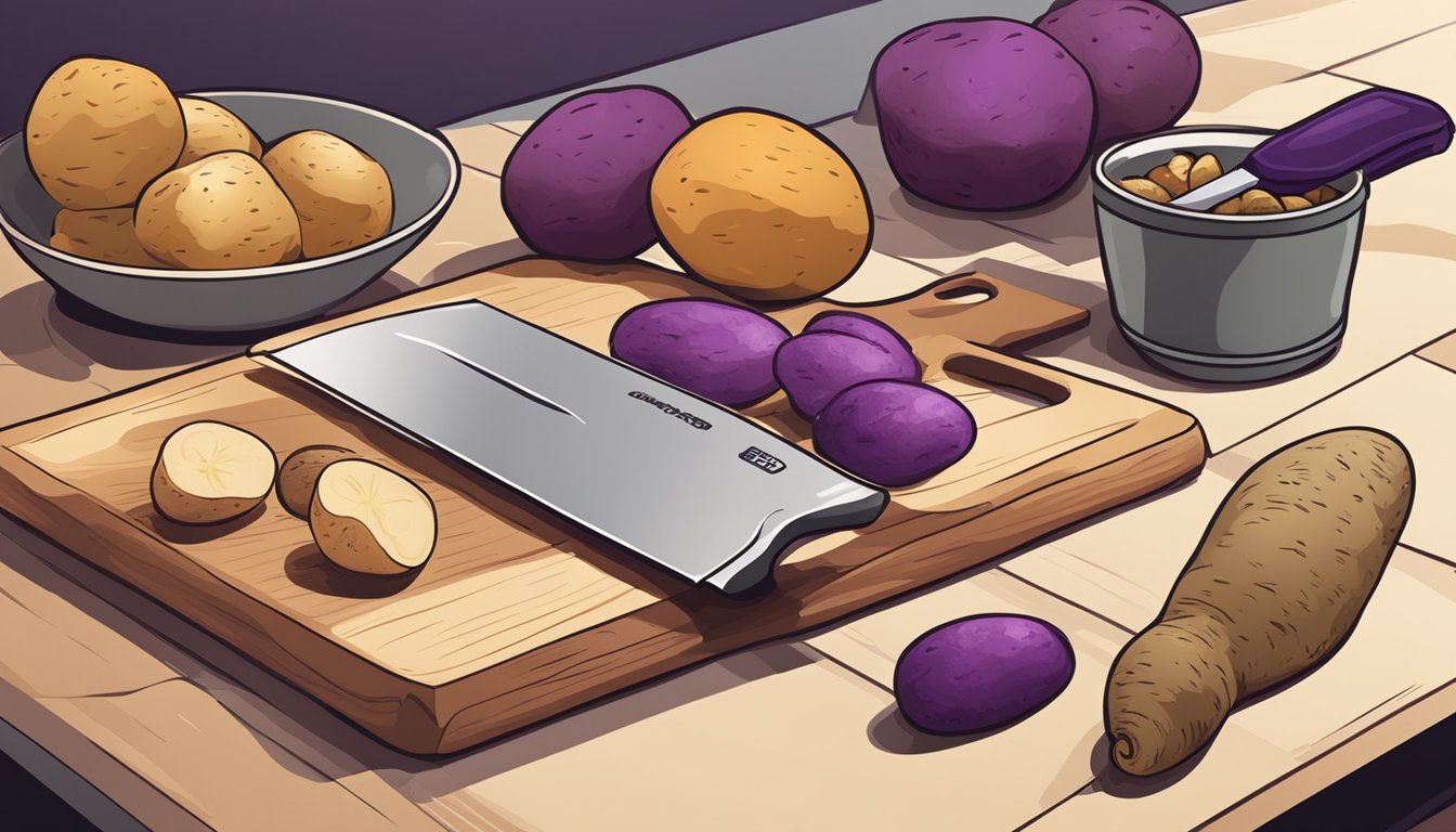 A kitchen counter with a cutting board, knife, and various types of potatoes including purple and russet