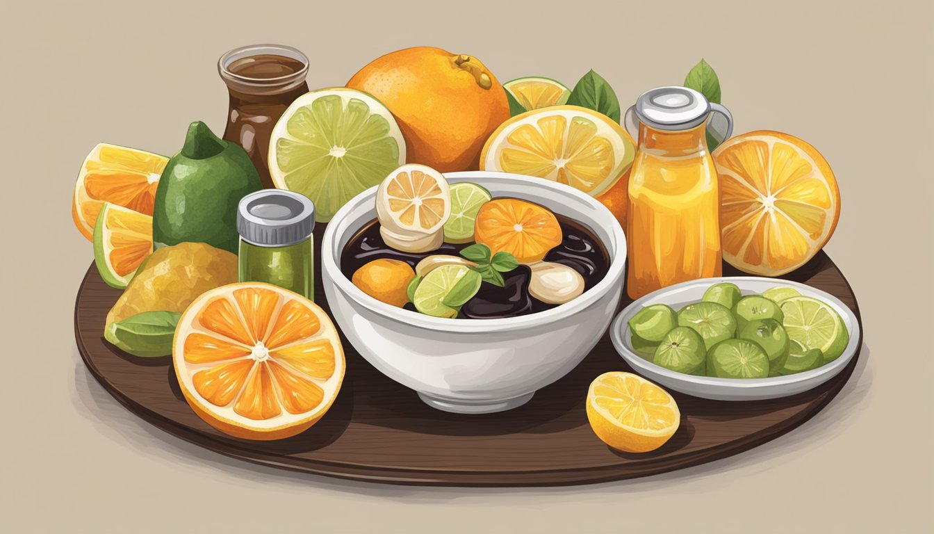 A small bowl of citrus fruits surrounded by a variety of condiments and sauces, including soy sauce and vinegar