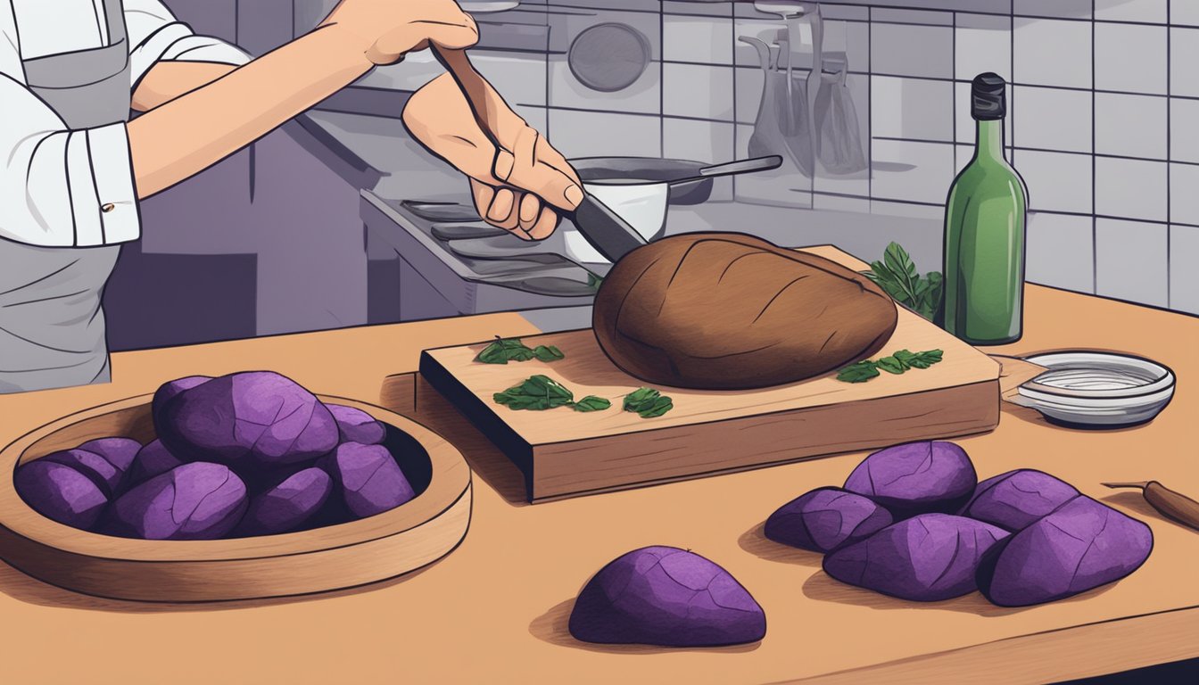 A chef swapping purple potatoes for russet in a recipe, with a cutting board, knife, and various cooking ingredients on a kitchen counter