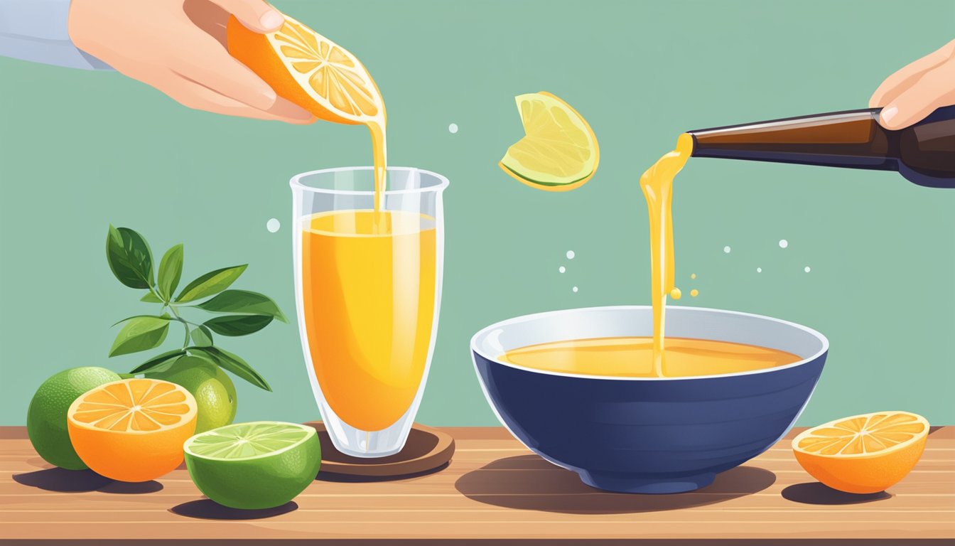 A bowl of ponzu sauce being poured into a measuring cup, next to a bowl of freshly squeezed citrus juice