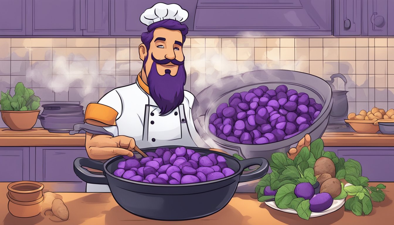 A chef swaps russet potatoes for vibrant purple potatoes in a boiling pot, preserving their nutritional value