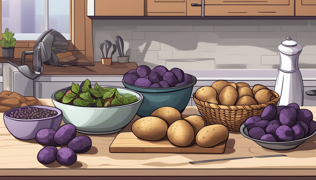 A kitchen counter with a basket of russet potatoes next to a bowl of purple potatoes, with a cutting board and knife in the background