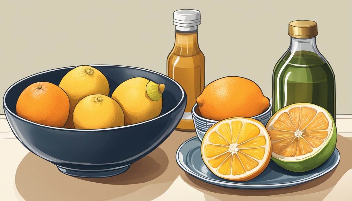 A bowl of citrus fruits and a bottle of ponzu sauce on a kitchen counter