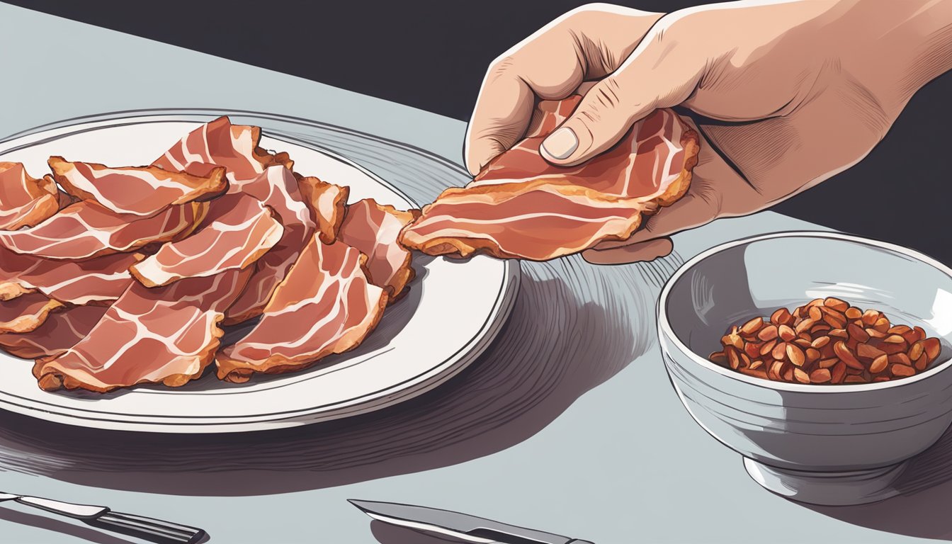 A plate of crispy bacon next to a sliced prosciutto, with a hand reaching for the prosciutto