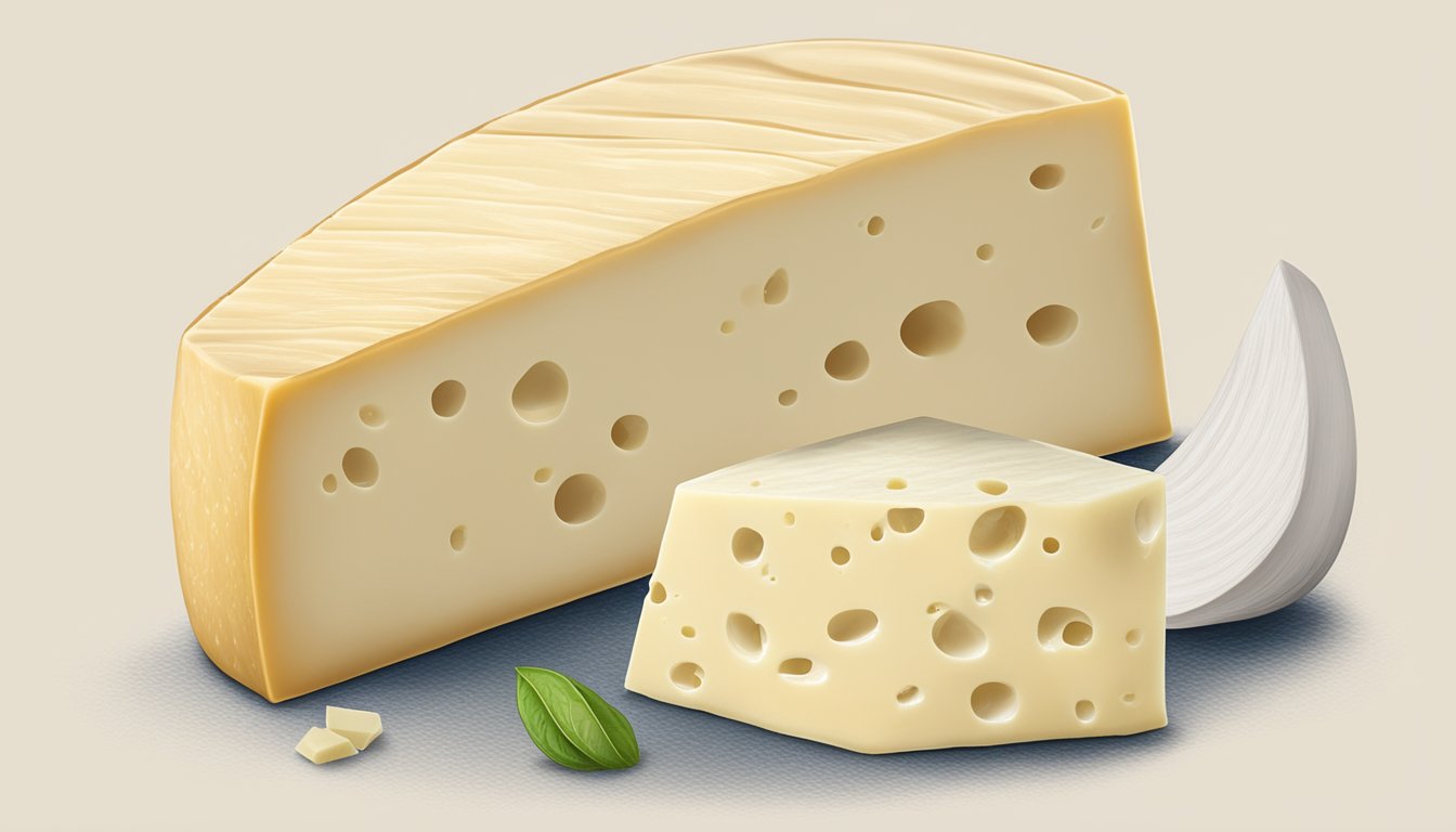 A block of queso blanco sits next to a wedge of monterey jack cheese, showcasing their different textures and colors