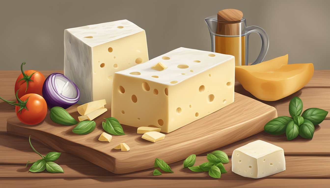 A block of queso blanco and a block of monterey jack cheese on a wooden cutting board, surrounded by various ingredients and spices