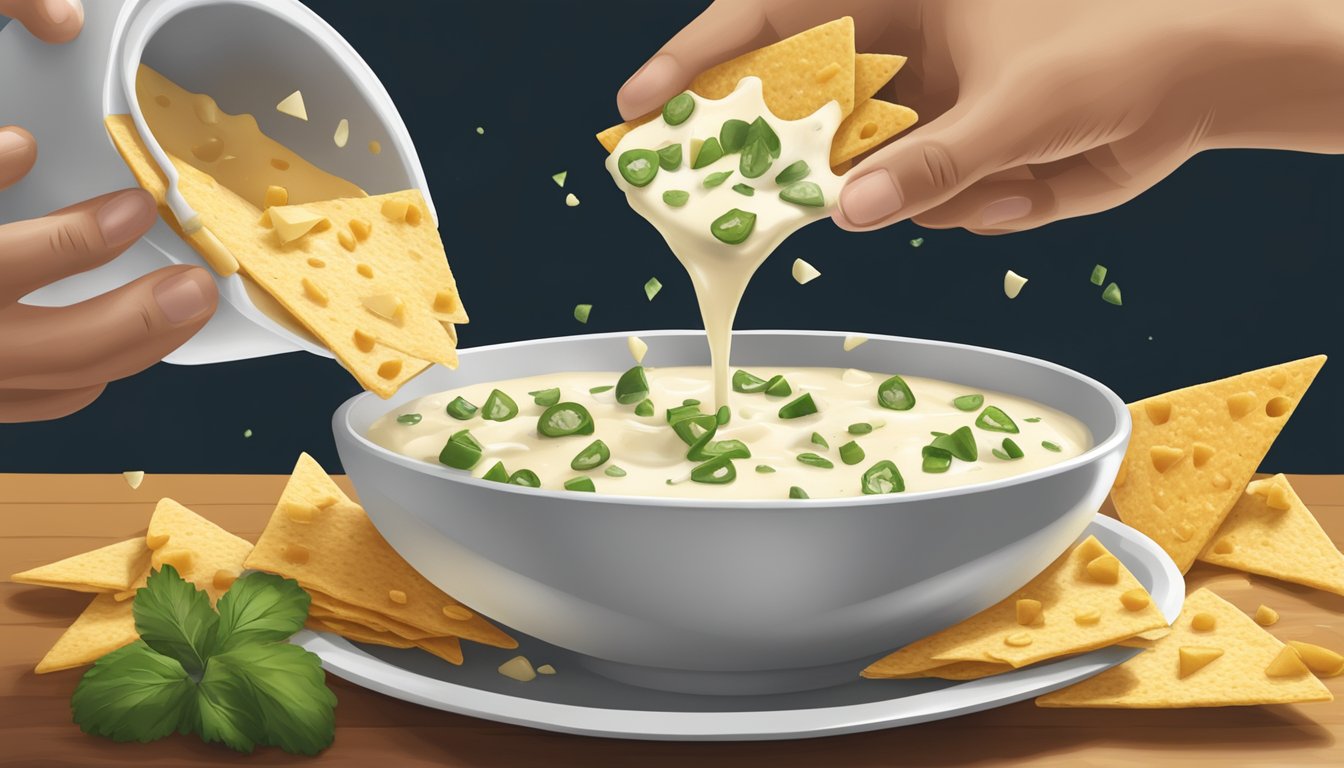 A bowl of queso blanco being poured over a dish of nachos, replacing the traditional monterey jack cheese