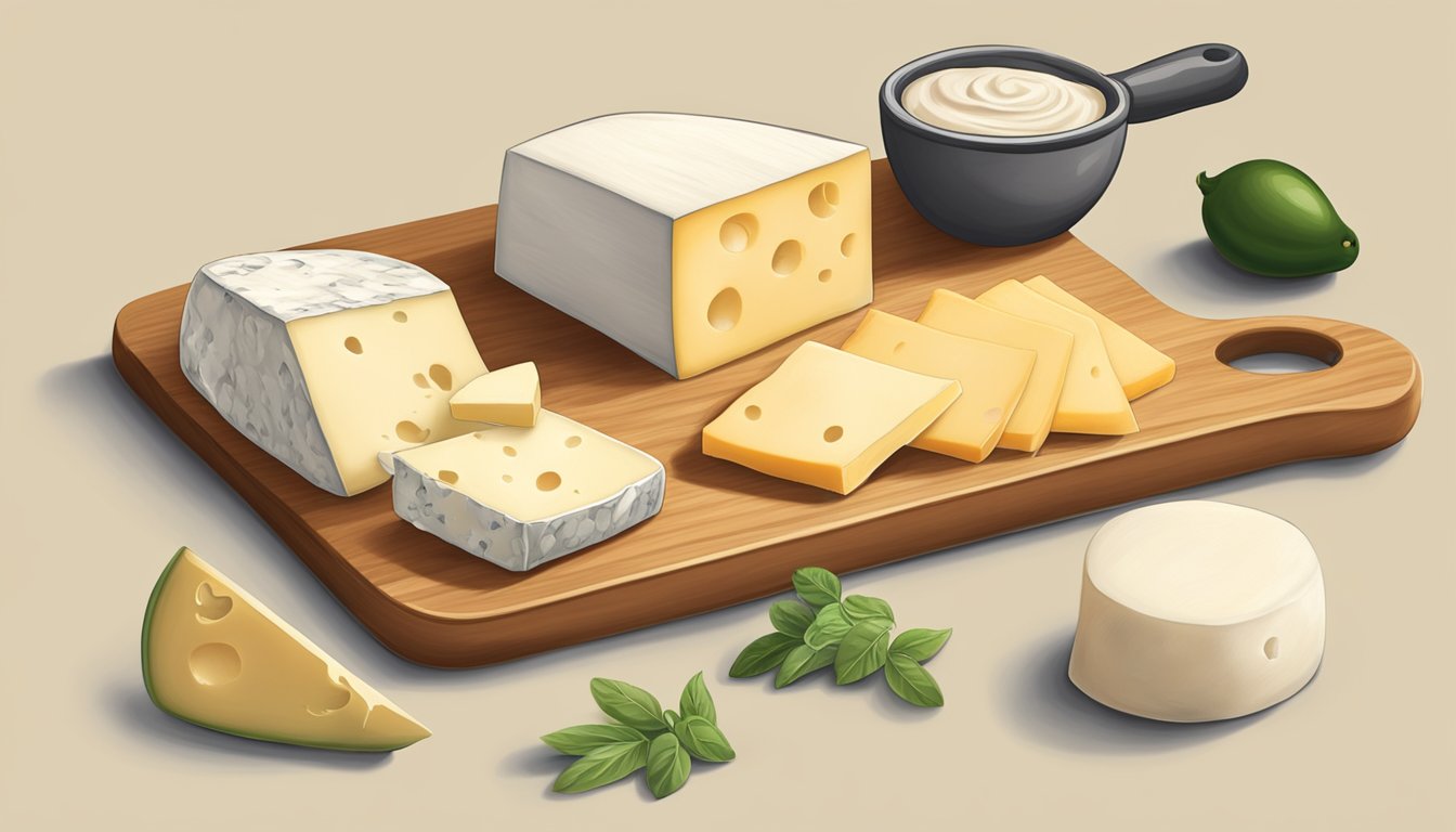 A cutting board with various cheese alternatives next to a block of queso blanco and monterey jack cheese