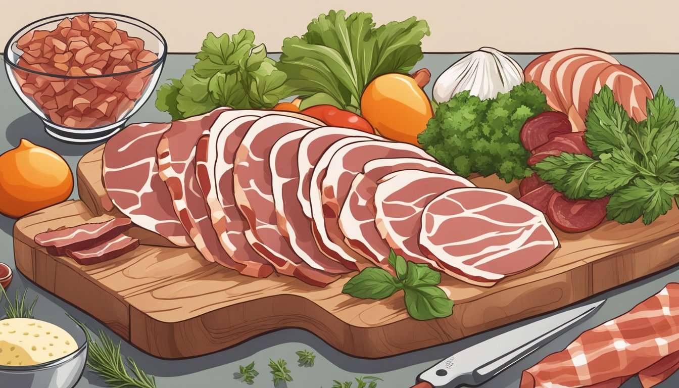 Prosciutto and bacon on a cutting board surrounded by various ingredients like herbs, vegetables, and cheese, illustrating the process of substituting prosciutto for bacon in a recipe