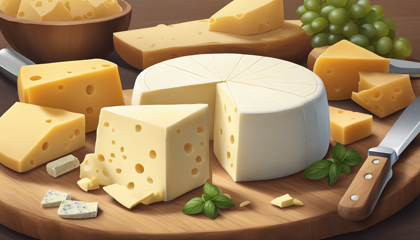 A block of queso blanco sits next to a wheel of monterey jack cheese, surrounded by various types of cheese and a cheese knife