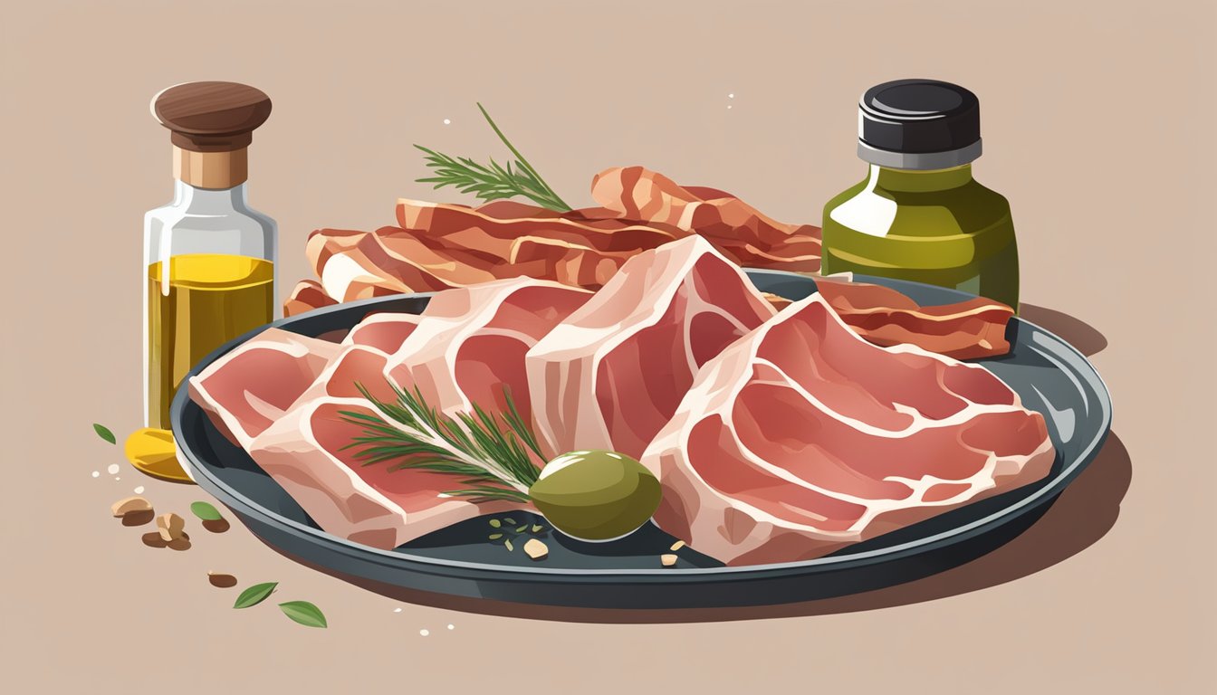 A plate of sizzling prosciutto in a pan, next to a package of bacon. Ingredients like olive oil and herbs are scattered on the counter