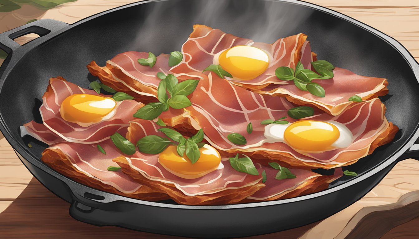 A plate of crispy prosciutto sizzling in a skillet, releasing its savory aroma