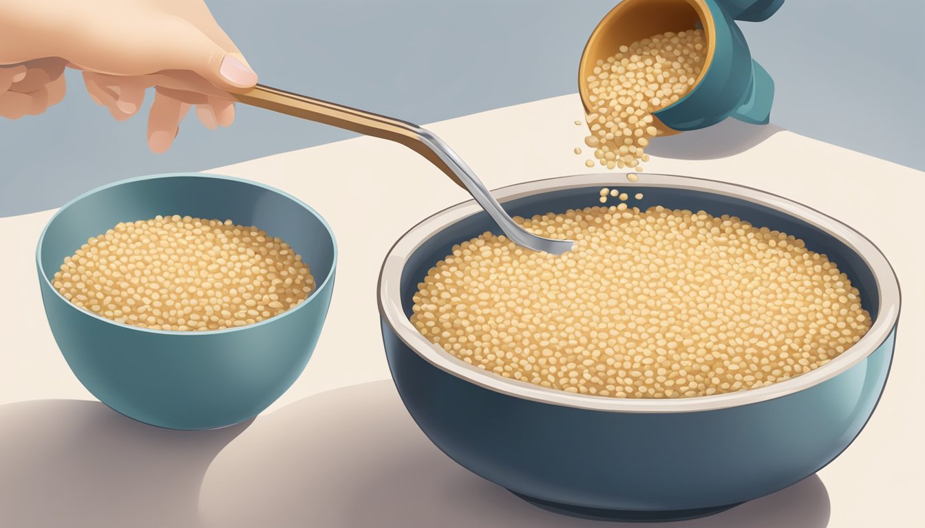 A bowl of quick cooking barley next to a bowl of pearl barley, with a measuring cup pouring the quick cooking barley into a pot