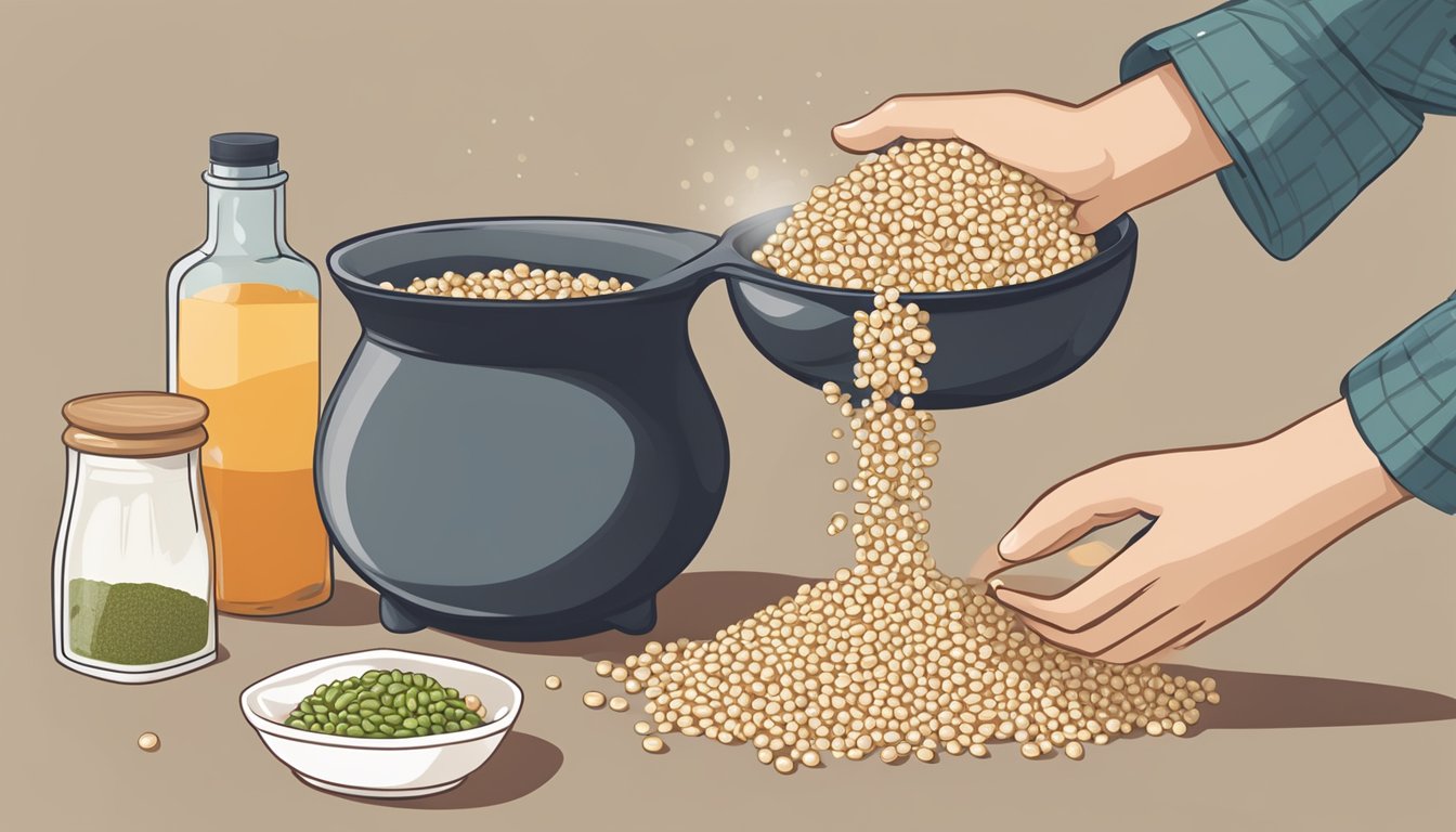 A pot of quick cooking barley being poured into a bowl, next to a bag of pearl barley. Ingredients like vegetables and spices are nearby