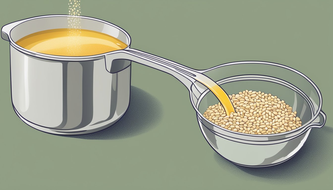 A measuring cup pouring quick cooking barley into a pot labeled "pearl barley."