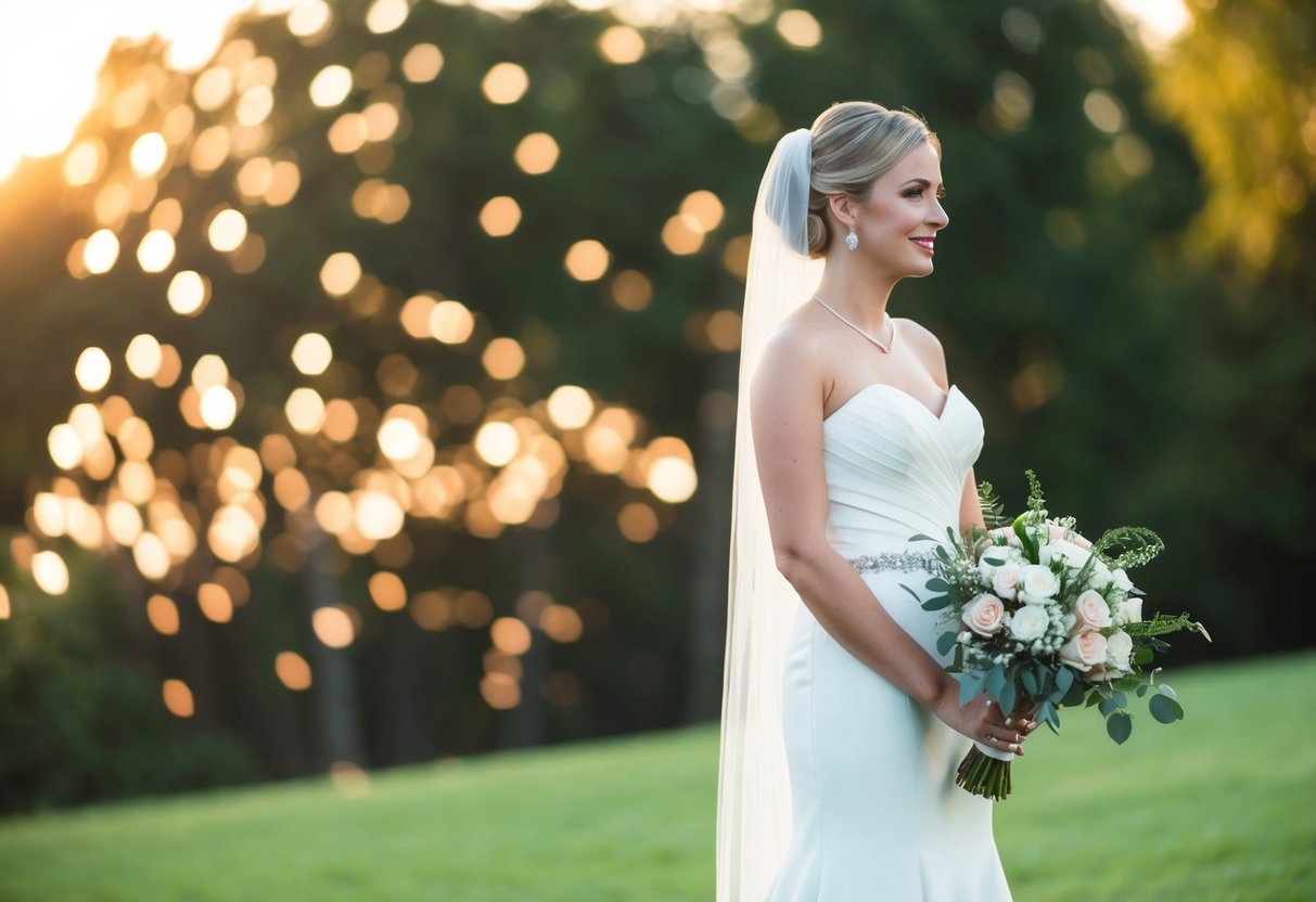 A bride standing on the right, holding a bouquet