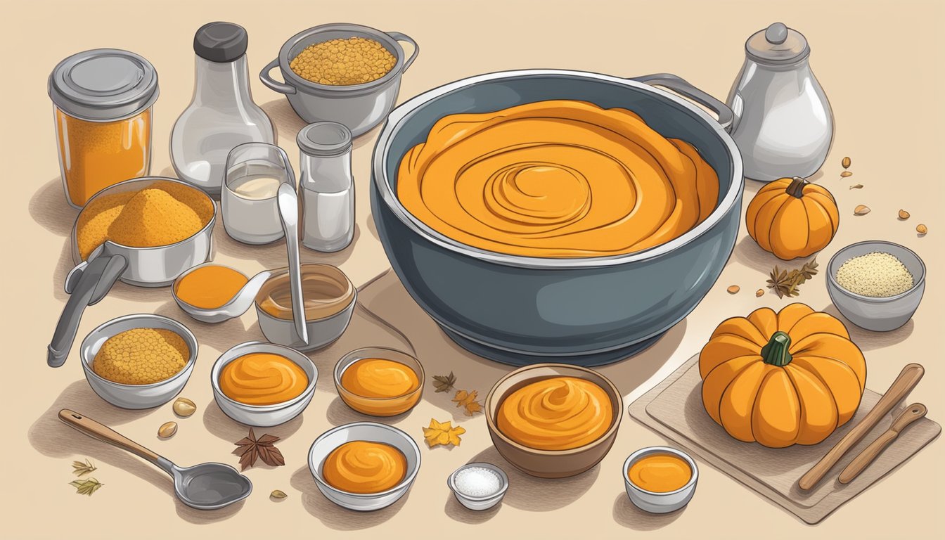 A bowl of pumpkin puree being poured into a mixing bowl surrounded by various baking ingredients and utensils