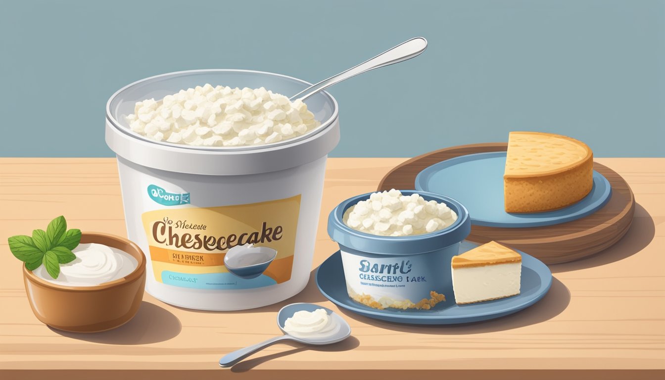 A bowl of quark sits next to a cheesecake, with a measuring spoon and empty container of cottage cheese nearby. Ingredients for the cheesecake surround the bowl