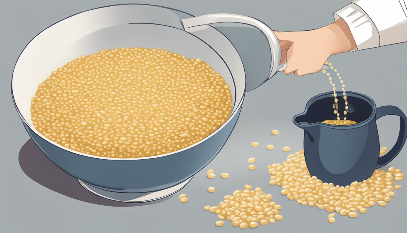 A bowl of quick cooking barley being poured into a pot of simmering water, with a bag of pearl barley sitting next to it