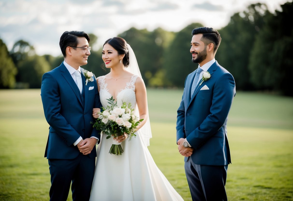 The bride stands on the left, symbolizing tradition and the groom on the right, representing strength and protection