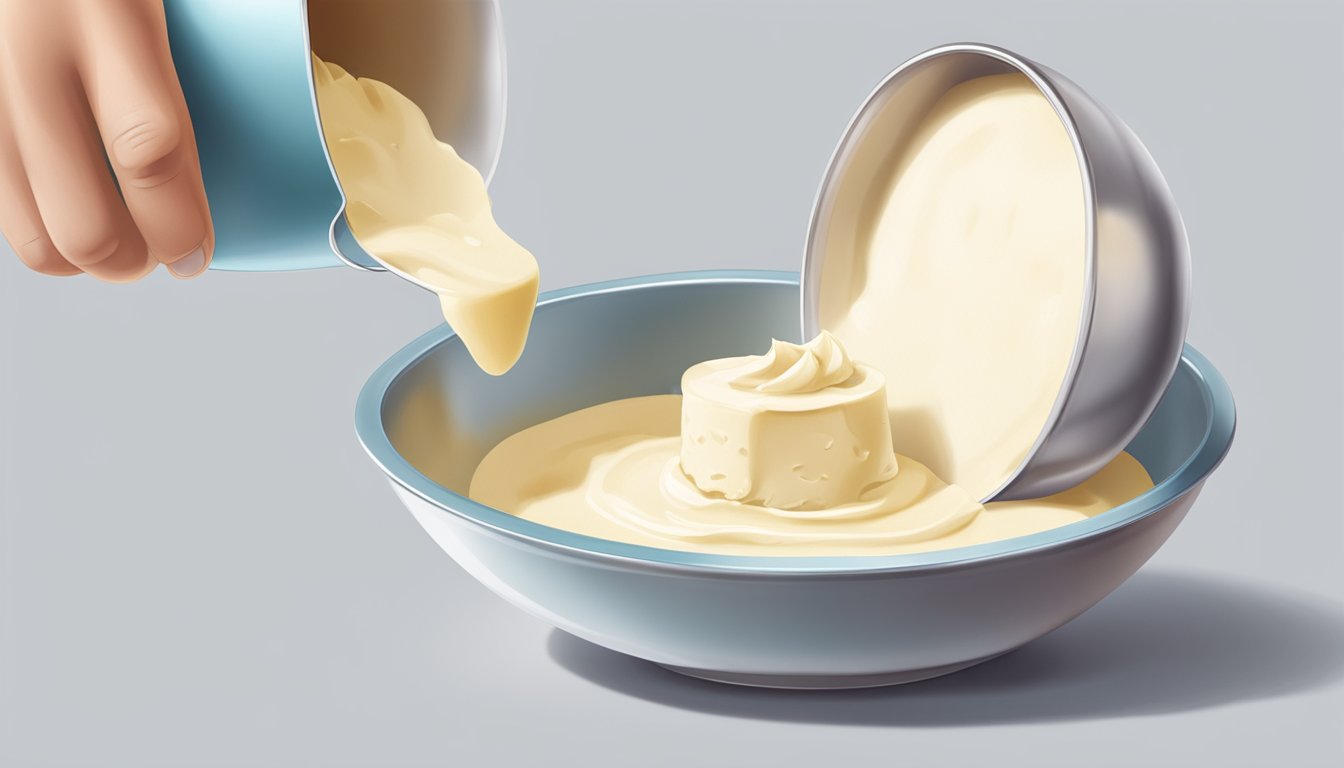 A bowl of cheesecake batter with a container of quark next to it, as a hand pours the quark into the bowl